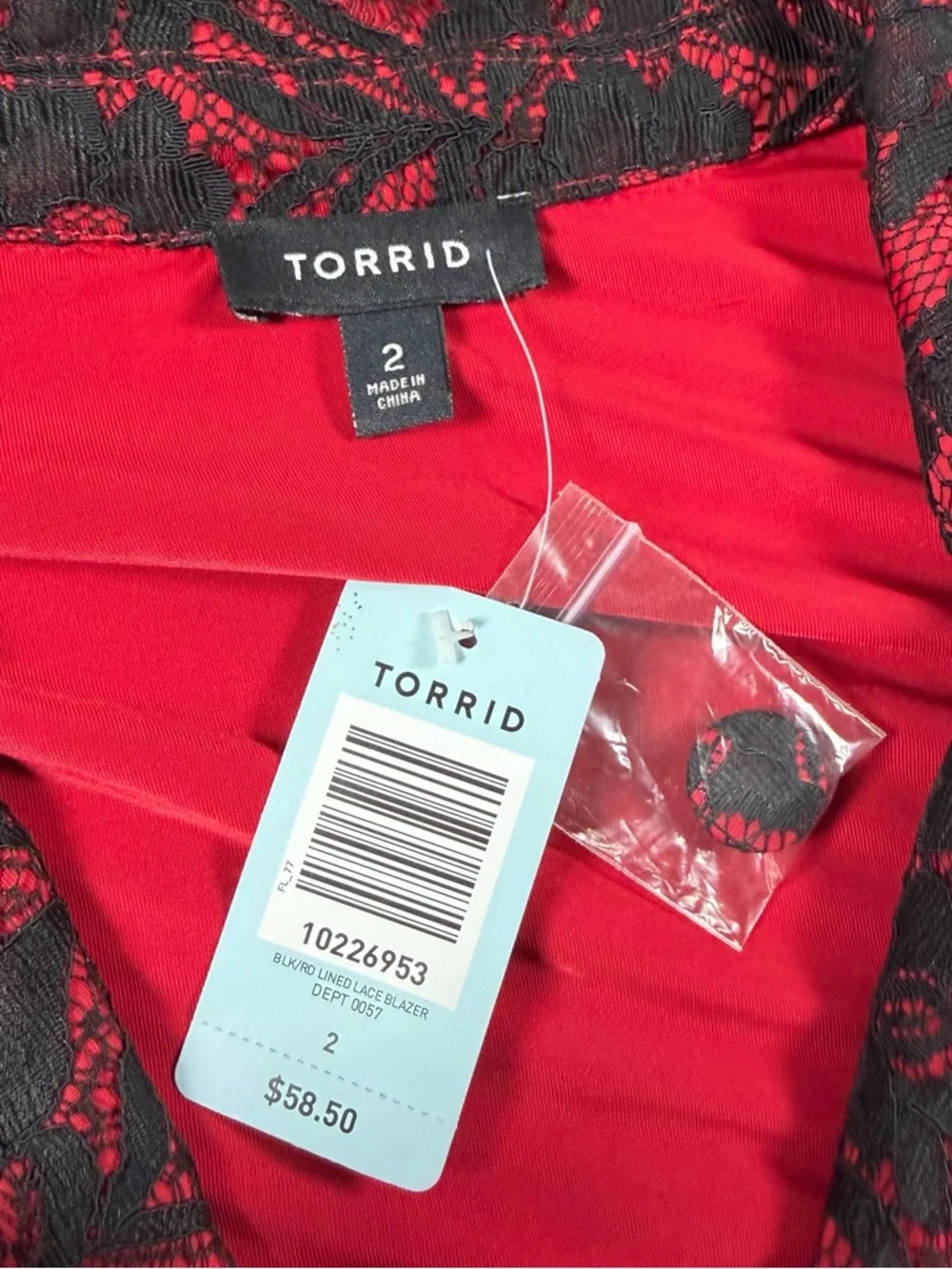 Torrid Women's Plus Size 2 Red Lined Black Lace Ruched 3/4‎ Sleeve Blazer Event